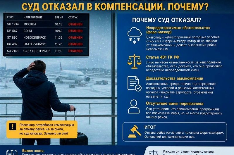 Рейс отменили из-за снега — суд отказал в компенсации. Почему?